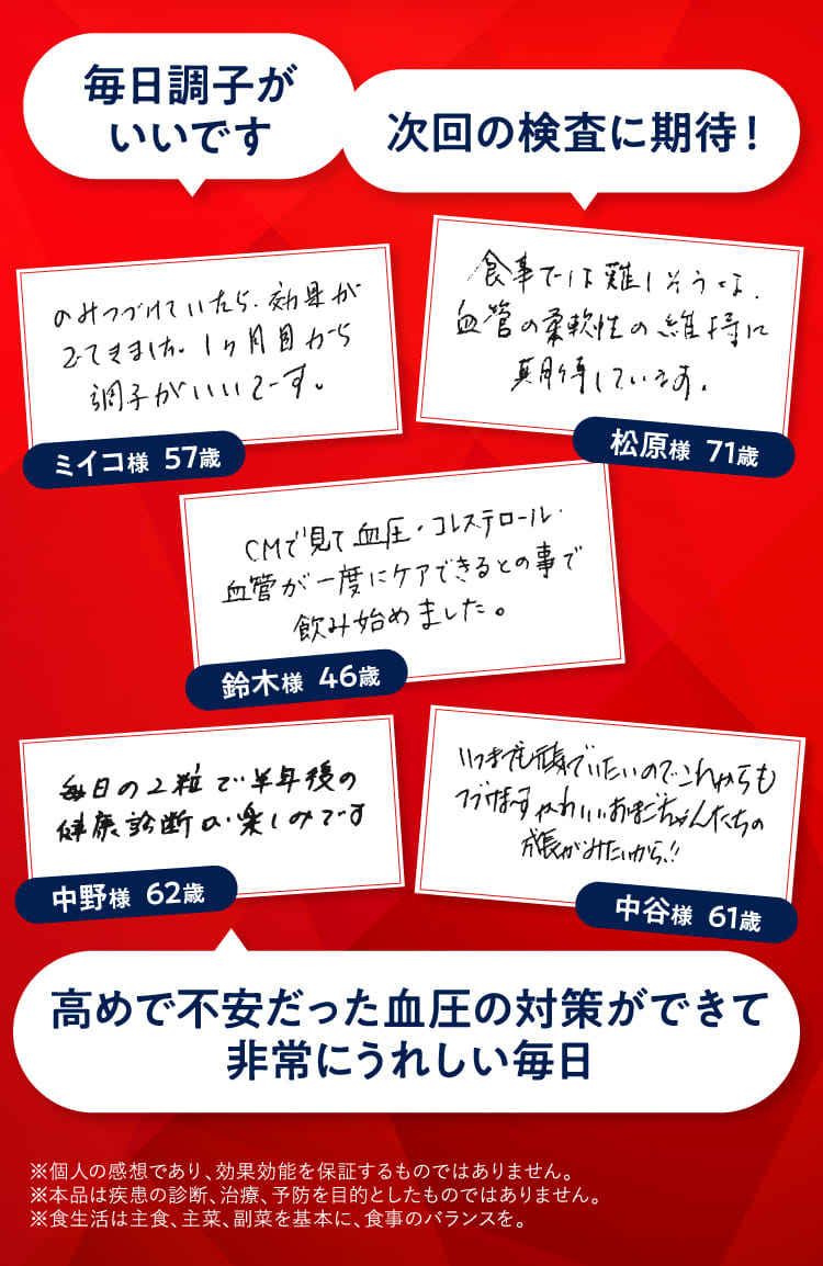 毎日調子がいいです 次回の検査に期待！ 高めで不安だった血圧が安定し非常に嬉しい毎日